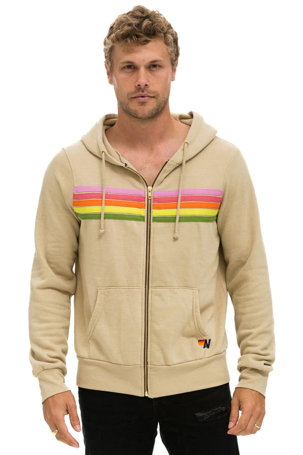 5 Stripe Zip Hoodie Sand Pink Green