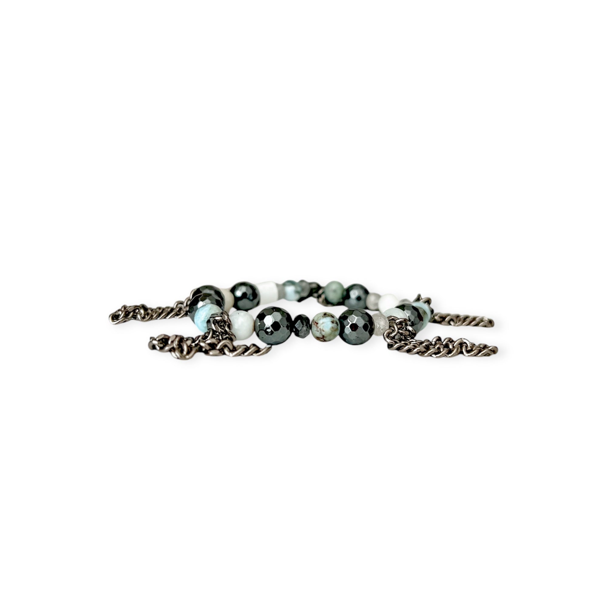 Aquamarine Hematite Stretch Bead & Chain Bracelet