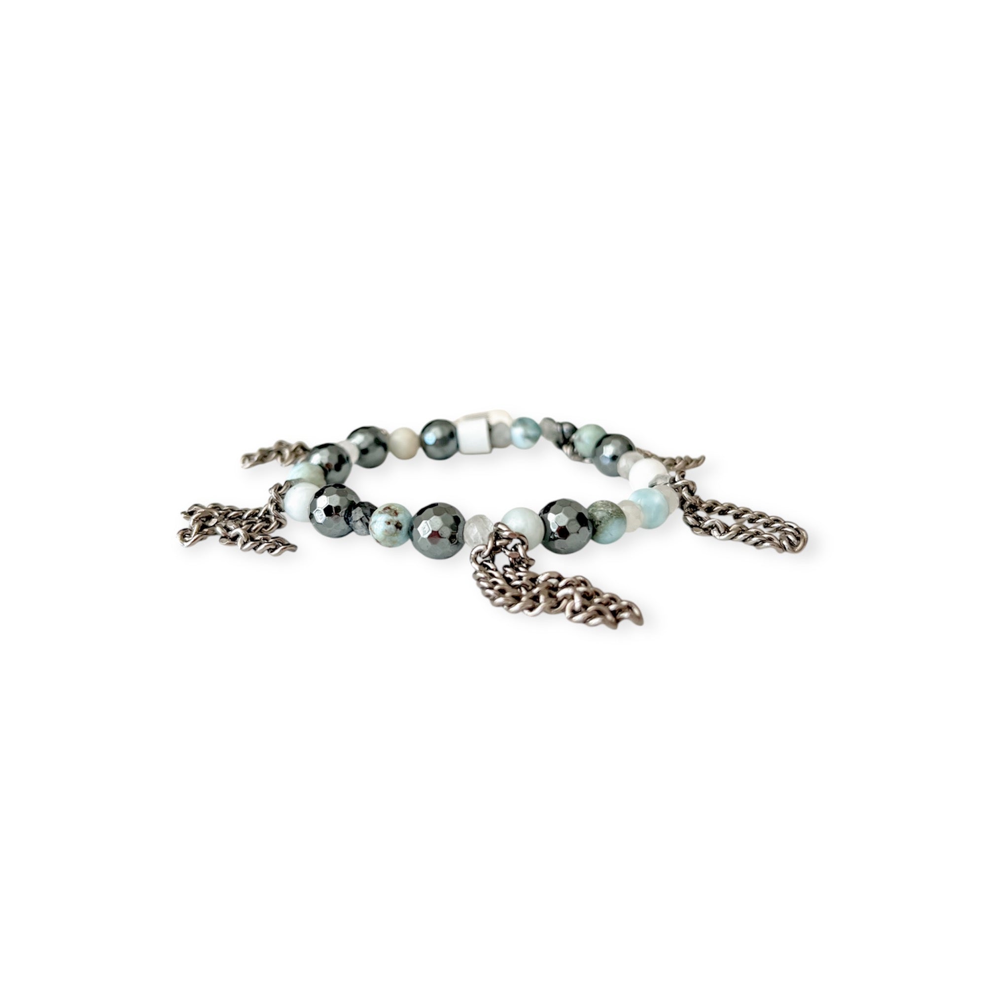 Aquamarine Hematite Stretch Bead & Chain Bracelet