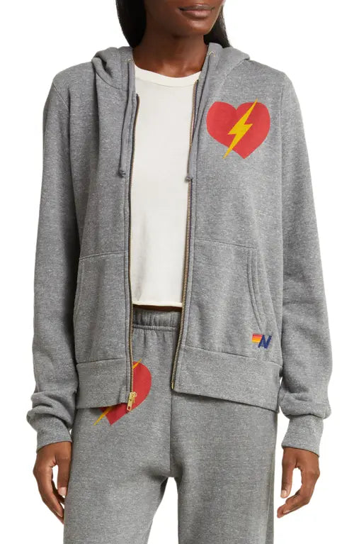 Bolt Heart Zip Hoodie- Heather Grey