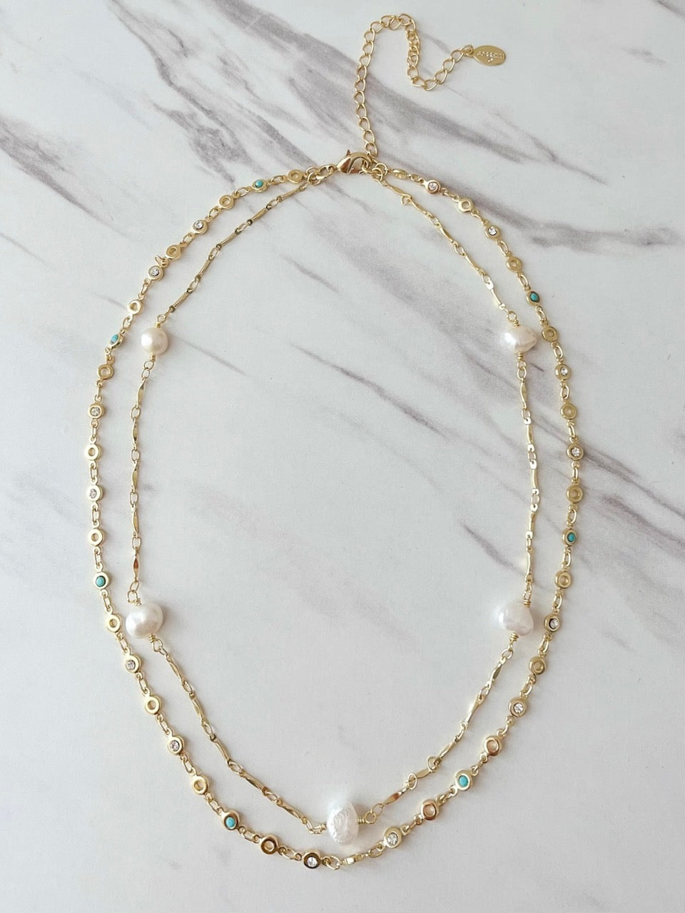 NEC10BGPLP Bright Gold Double Strand Necklace Polished Pearl