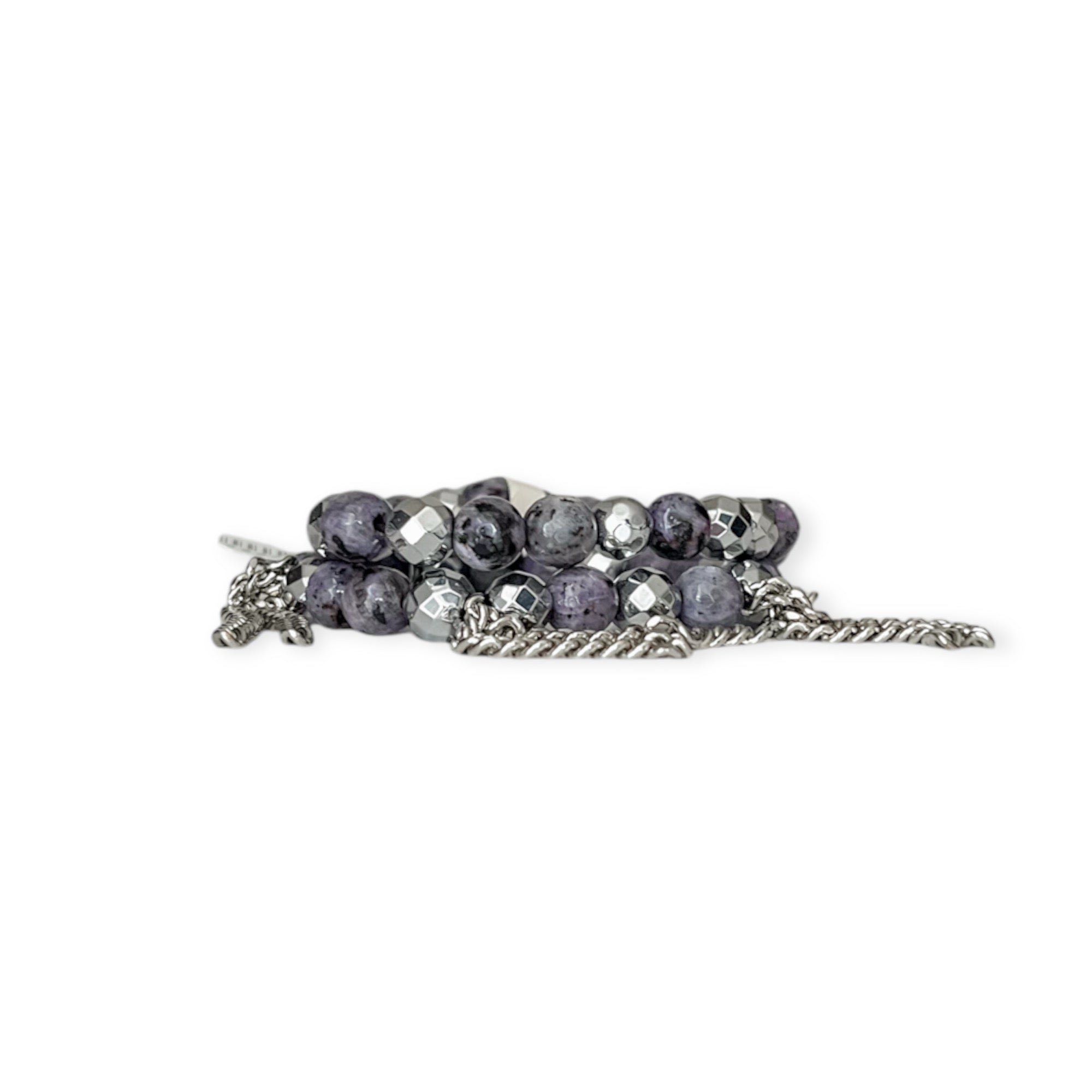 Silver Purple Agate Stretch Bead & Chain Bracelet