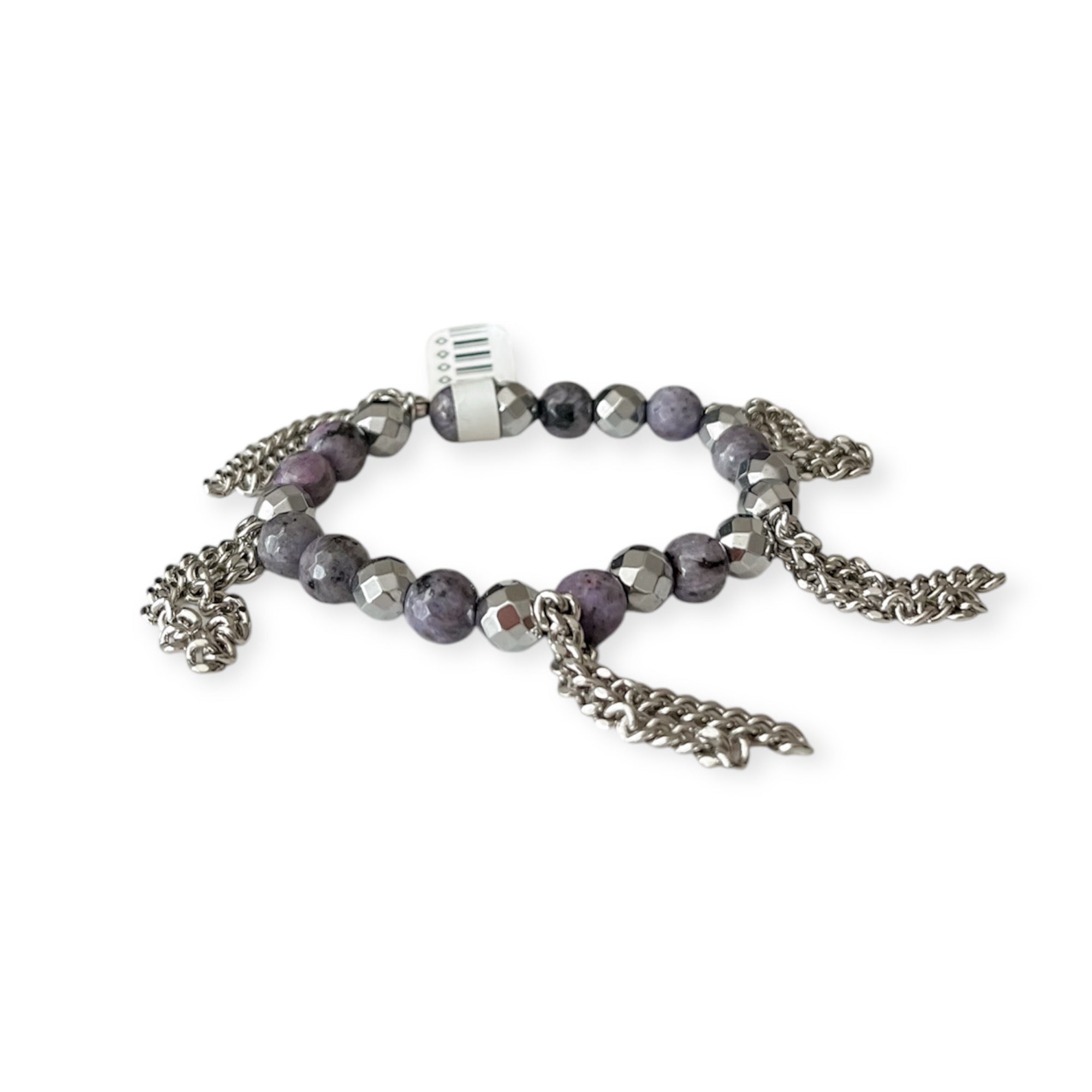 Silver Purple Agate Stretch Bead & Chain Bracelet