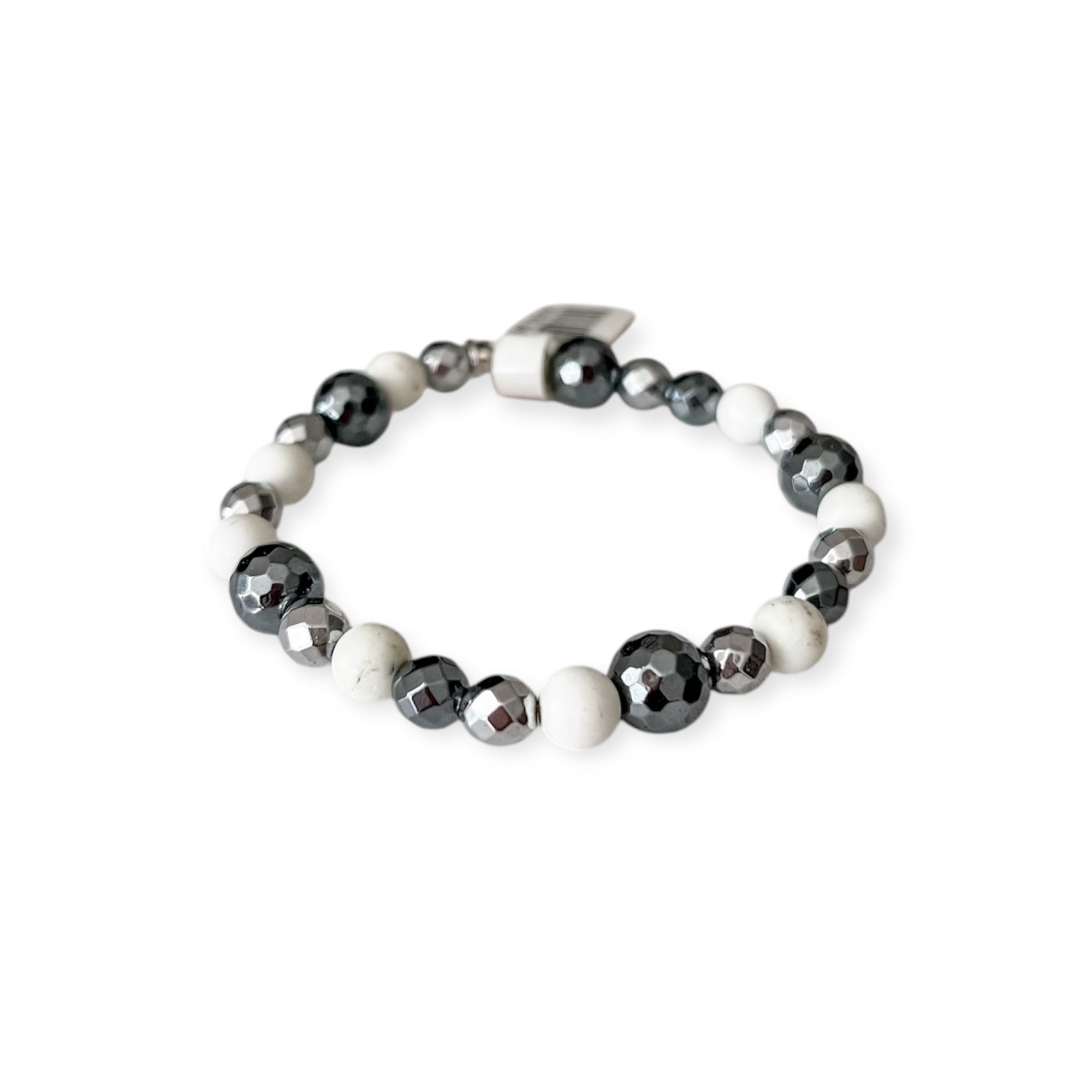 Silver & White Gunmetal Stretch Bead Bracelet