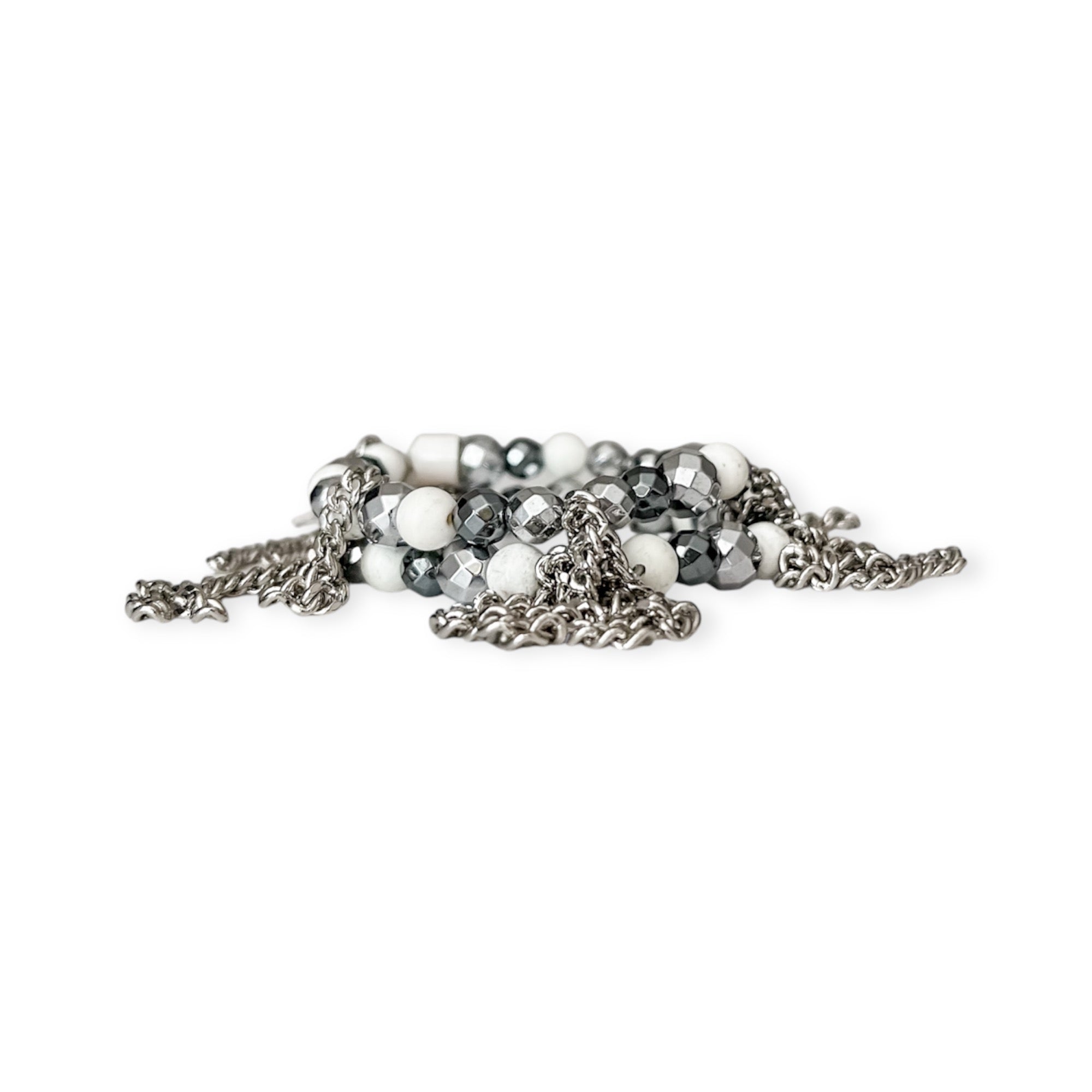 Silver & White Gunmetal Stretch Bead & Chain Bracelet