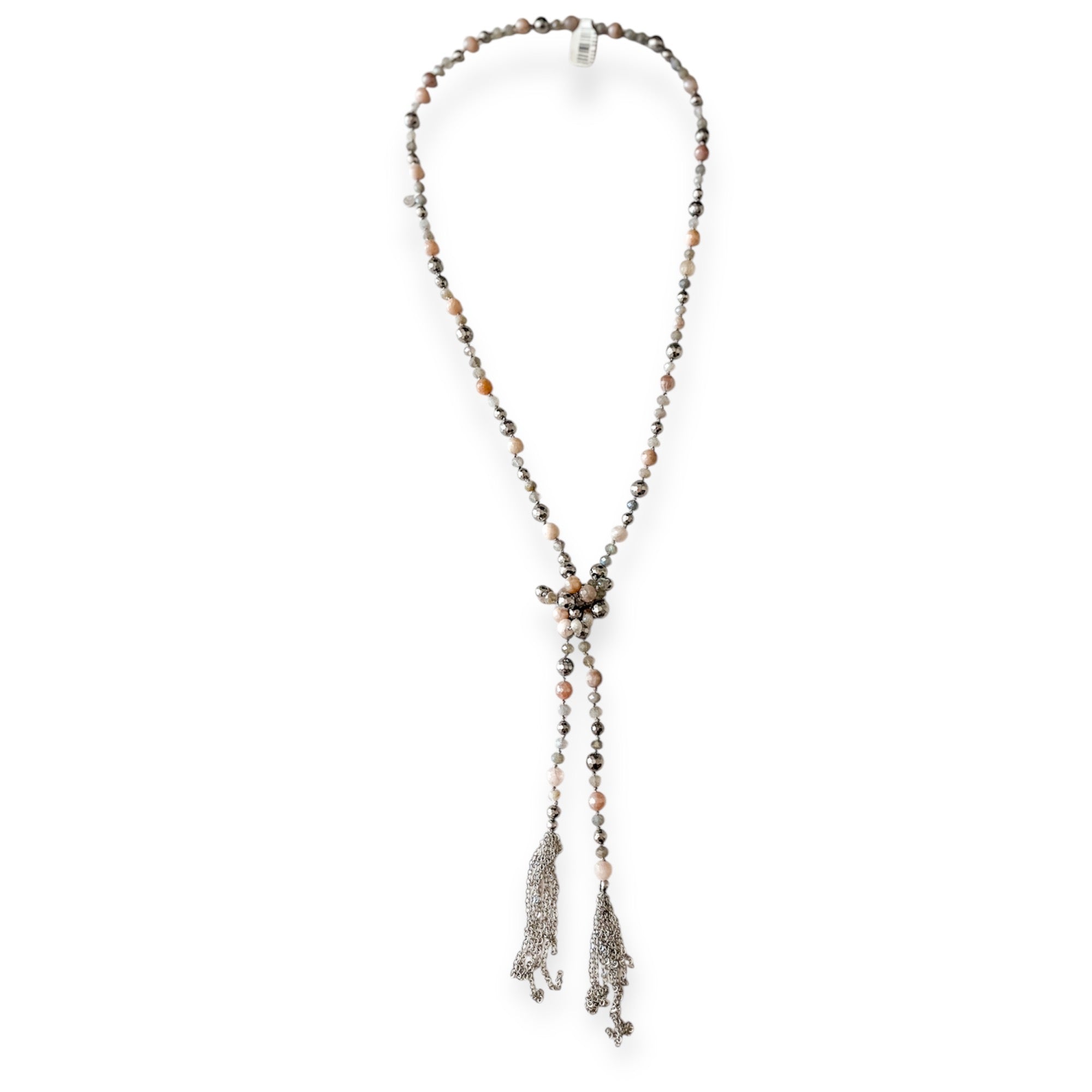 Smoke Silver Agate Knotted Beaded Tassel Necklace