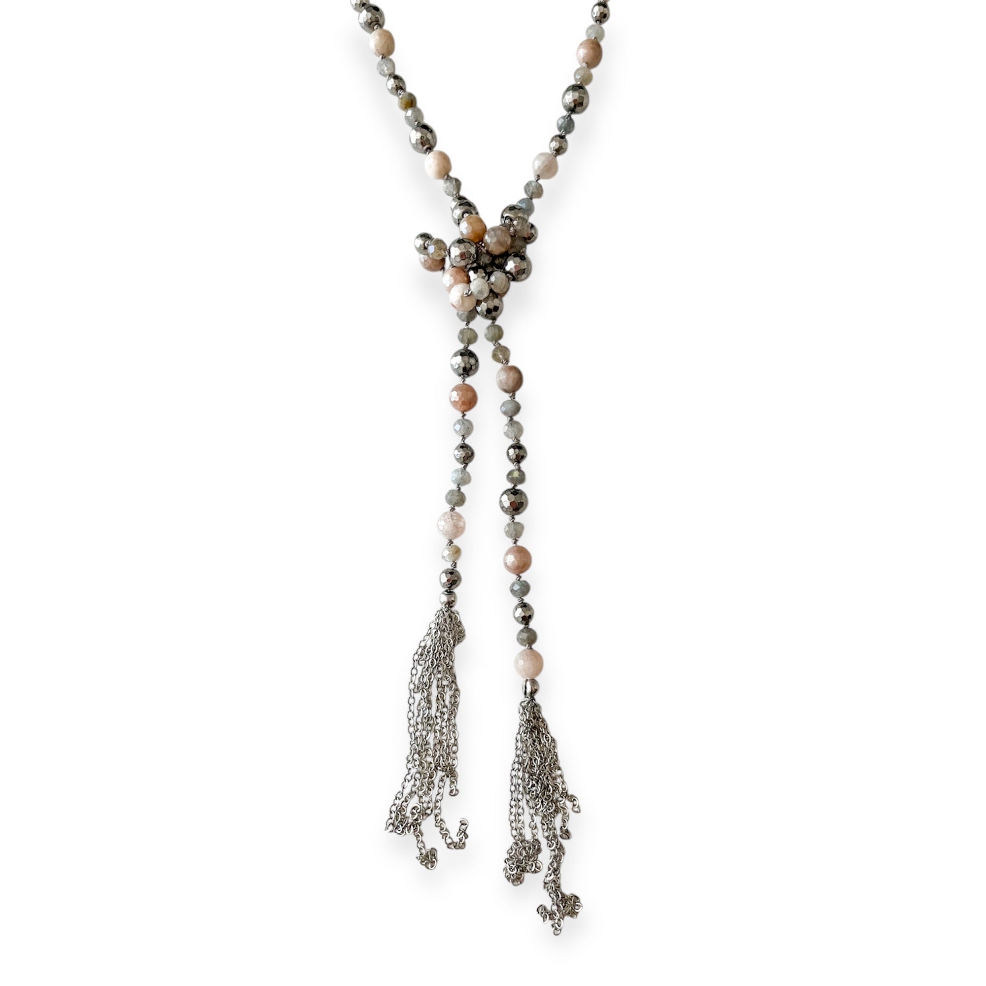 Smoke Silver Agate Knotted Beaded Tassel Necklace