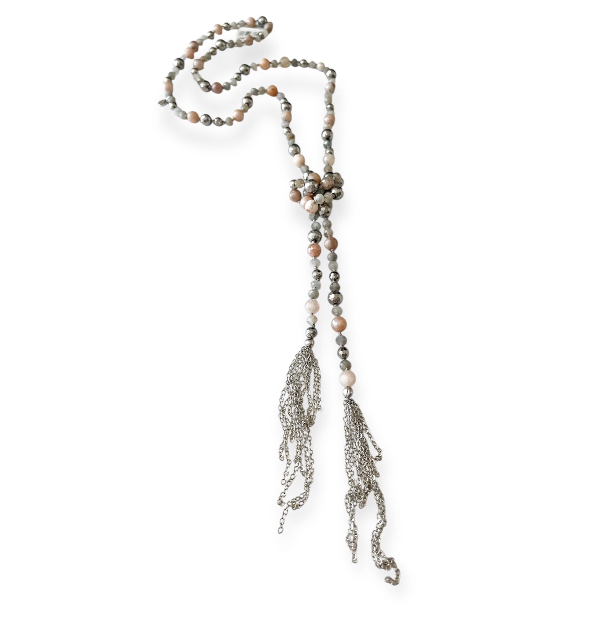 Smoke Silver Agate Knotted Beaded Tassel Necklace