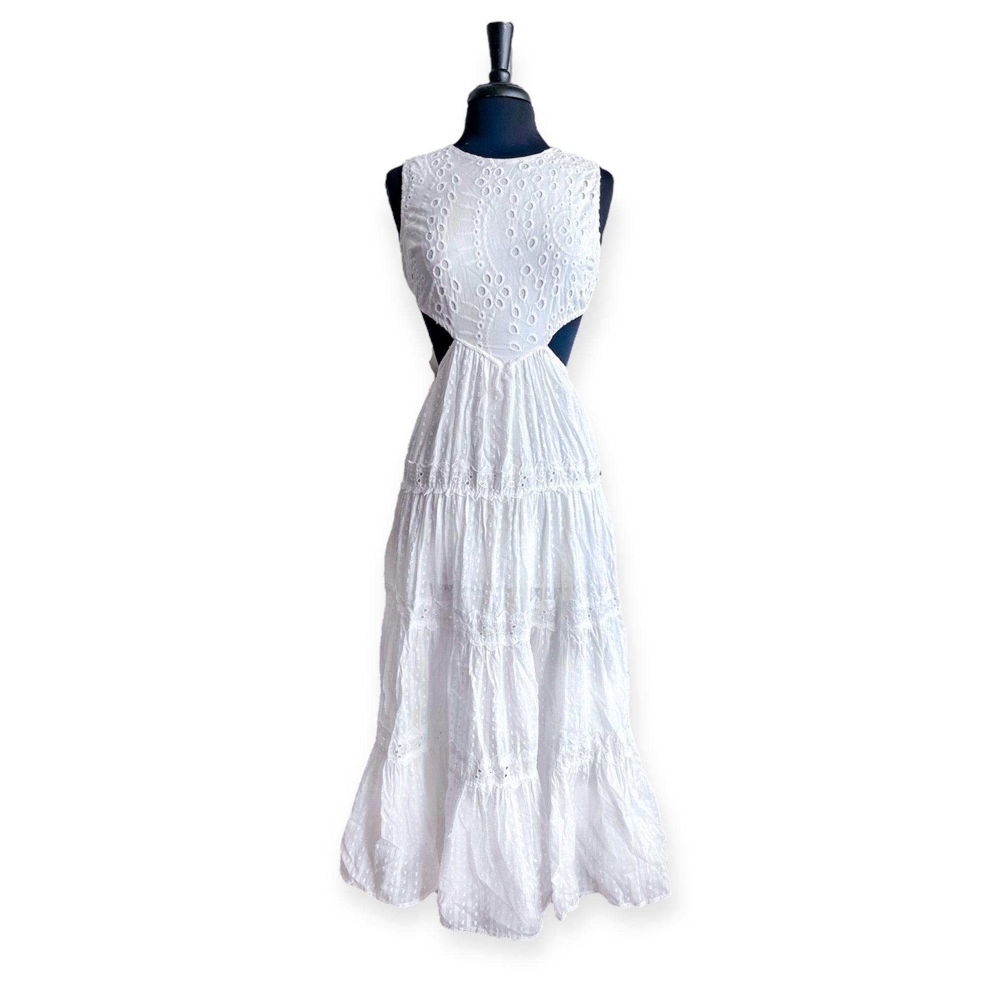 White Tiered Eyelet Cutout Maxi Dress