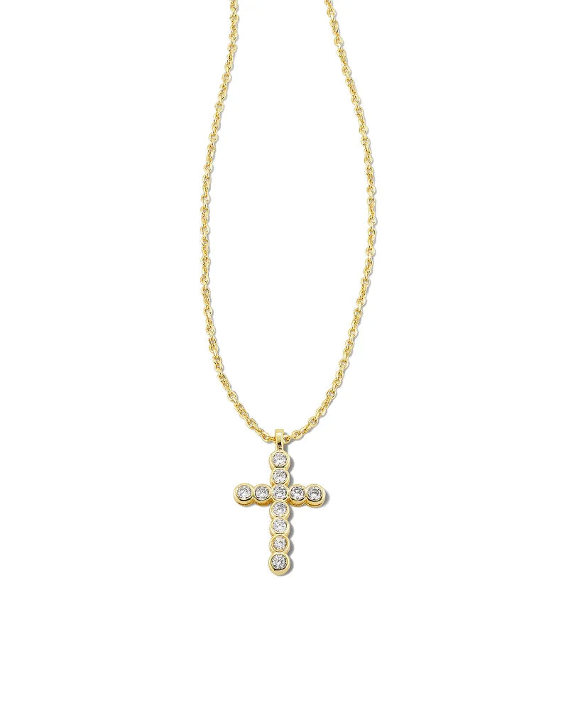 Cross Gold Pendant Necklace in White Crystal Boxed