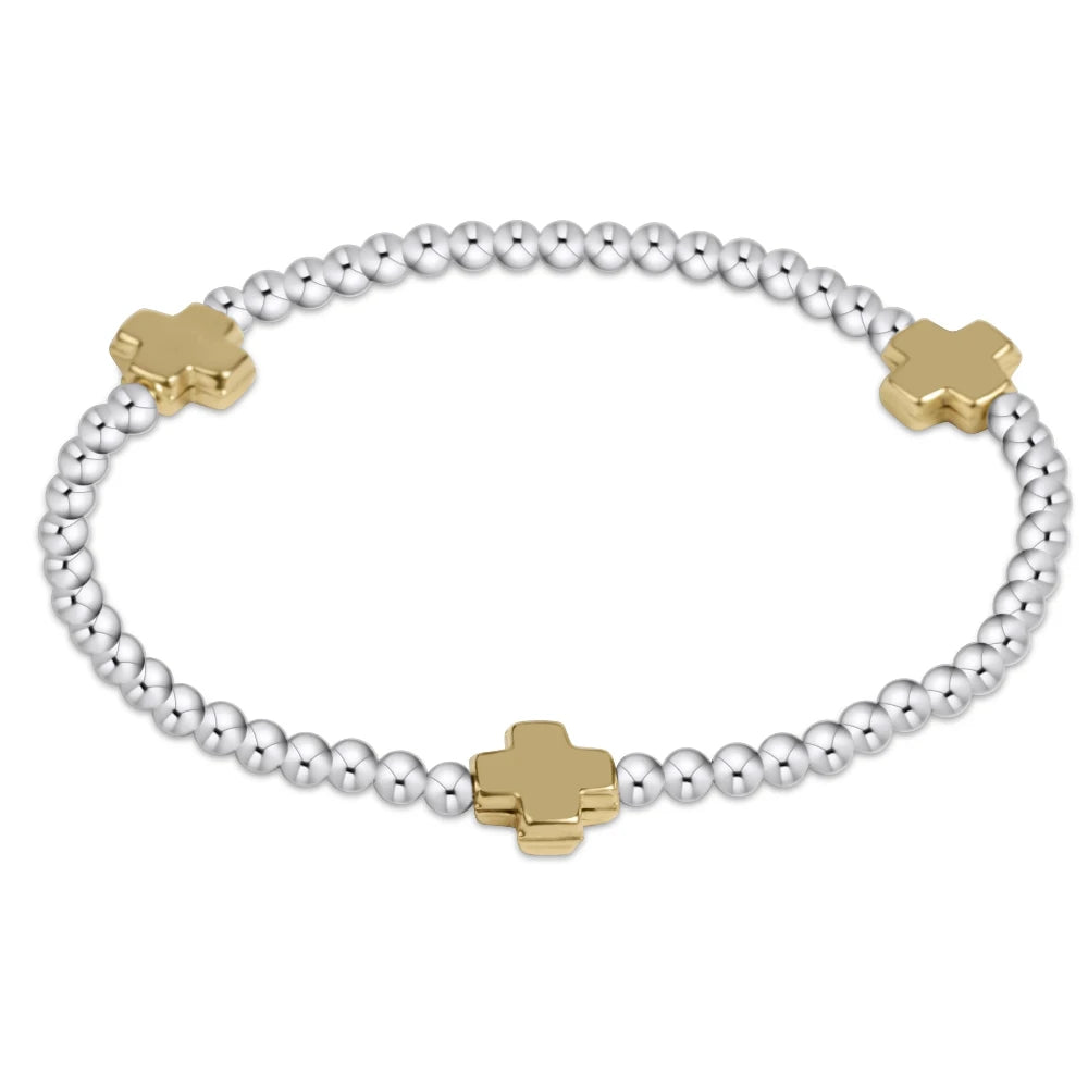 Signature Cross Small Sterling Mixed Metal Pattern 2 mm Bead Bracelet- Gold