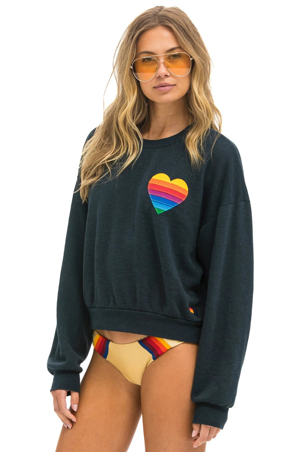 Rainbow Heart Stitch Crew Sweatshirt Relaxed Charcoal