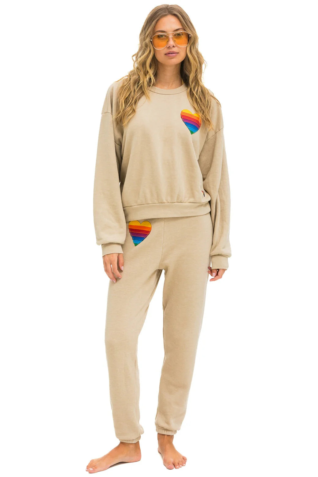 Rainbow Heart Stitch Crew Sweatshirt Relaxed Sand